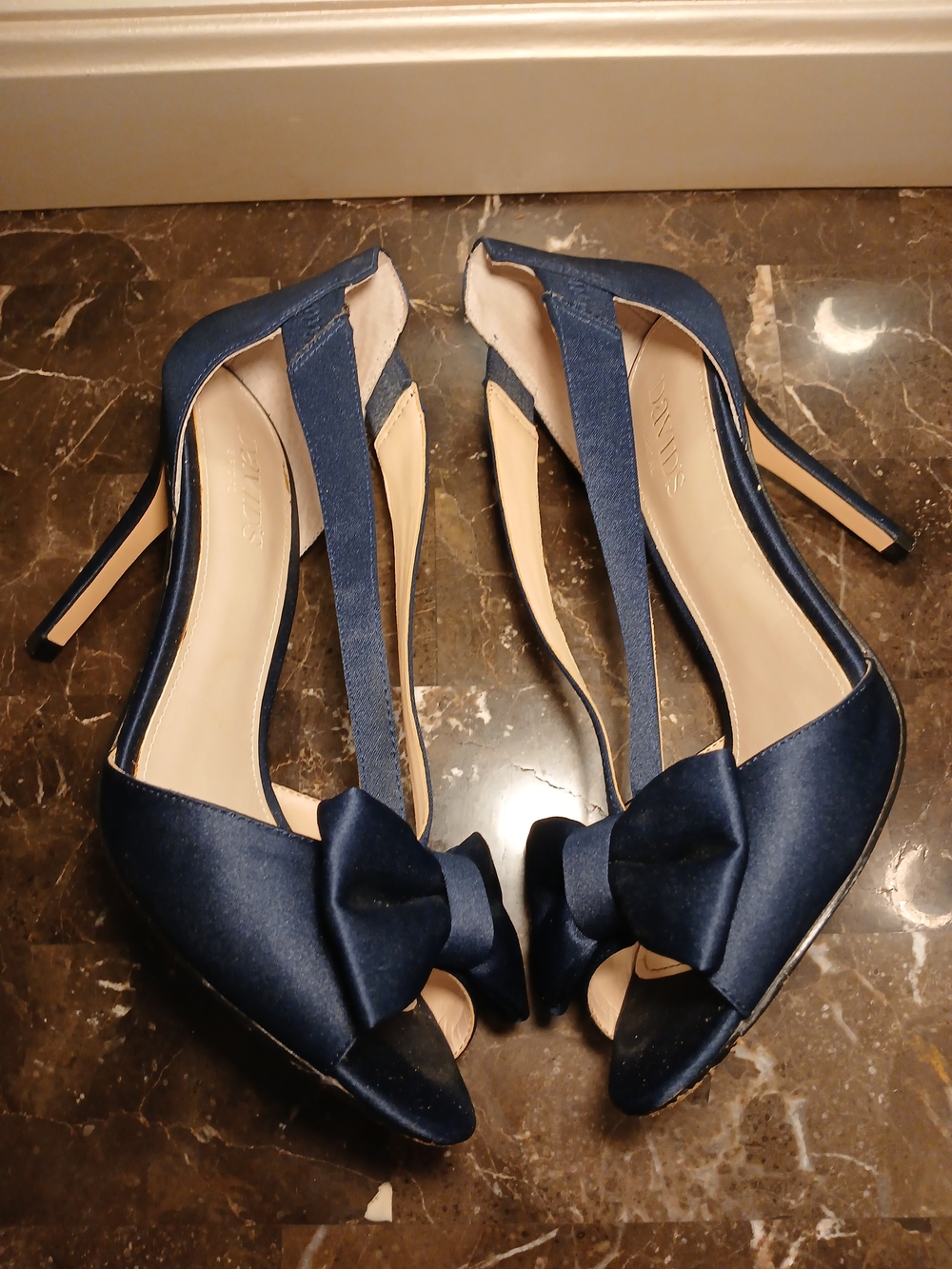David's Bridal Navy Satin Bow Peep-Toe Heels - Picture 4 of 14